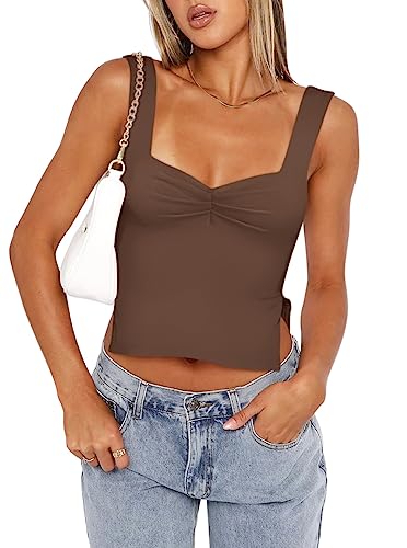 REORIA Women's Sexy Square Neck Ruched Double Lined Split Y2K Tank